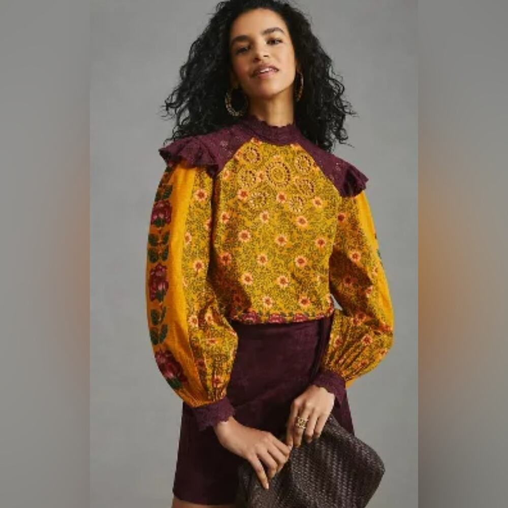 Anthropologie Farm Rio Ruffled Blouse Floral Printed Top Embroidered Lace XS NWT